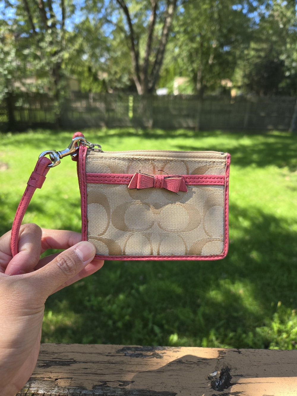 Coach Signature Canvas Wristlet Card Case in Pink Trim